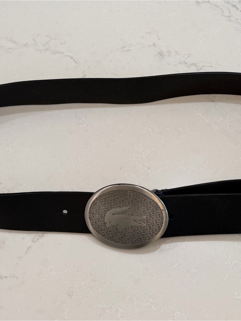Vintage Lacoste Black Leather Belt with Oval Croc-Emblem Buckle